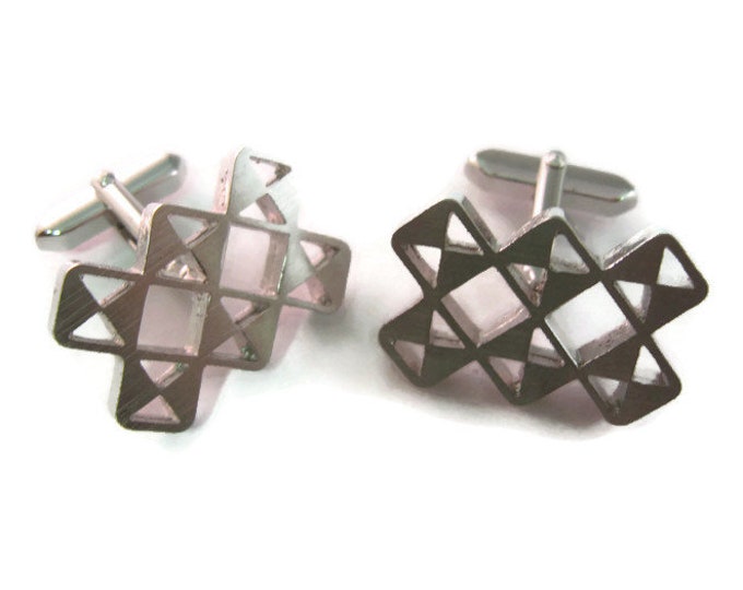Vintage Cufflinks for Men: Great Checkered Interlocking Art Silver Tone Design