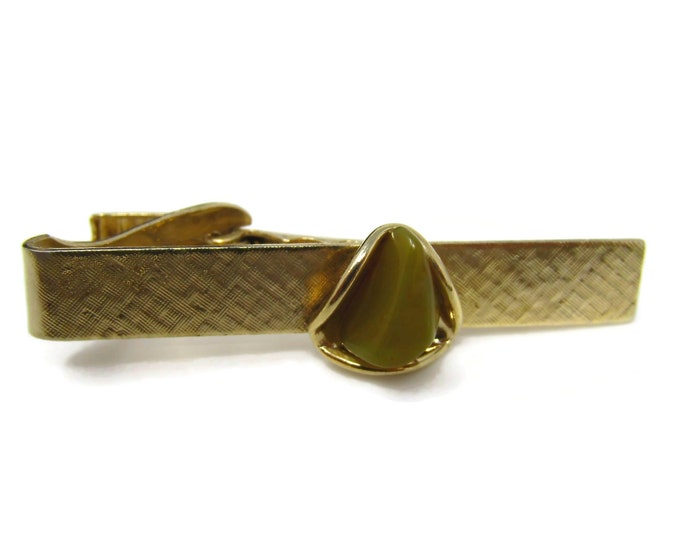 Polished Green Stone Tie Bar Tie Clip Vintage Textured Gold Tone