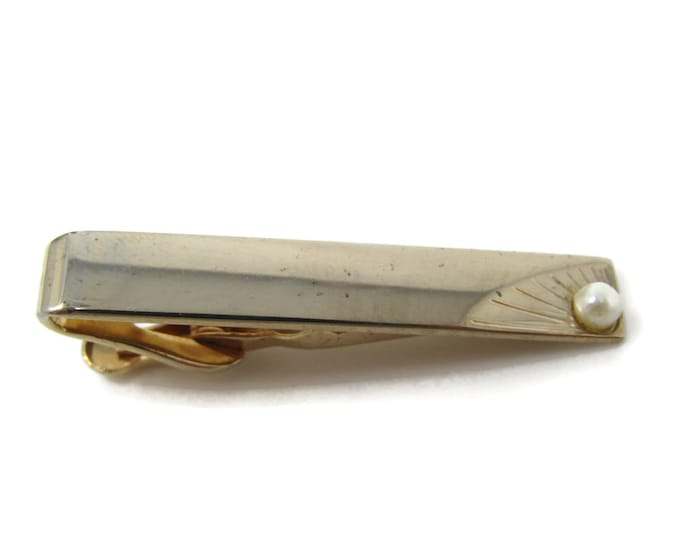Faux Pearl Sunrise Design Tie Clip Bar Gold Tone Vintage Men's Jewelry Nice Design