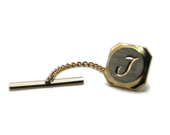 J Letter Initial Monogram Rounded Square Tie Pin And Chain Men's Jewelry Silver And Gold Tone