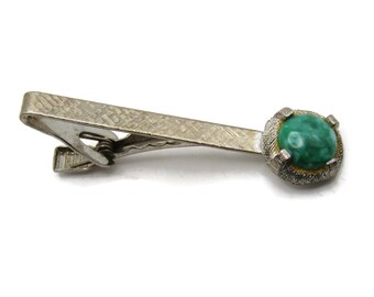 Green Stone Inlay Textured Tie Clip Tie Bar Men's Jewelry Gold Tone