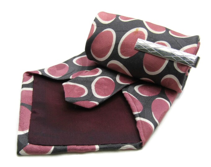 Pink Dots Grey And White Tie With Diamond Hatched Tie Clip Tie Bar Silver Tone