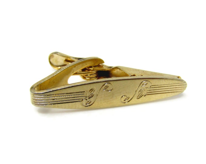 Cool Tie Bar Tie Clip Vintage Flower Etch Gold Tone