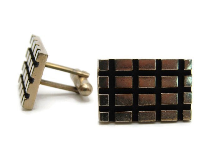 Square & Rectangle Pattern Cuff Links Men's Jewekry Black And Gold Tone