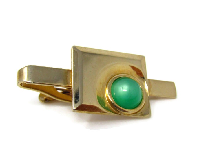 Modernist Tie Clip Men's Vintage Beautiful Green Accent Square Center