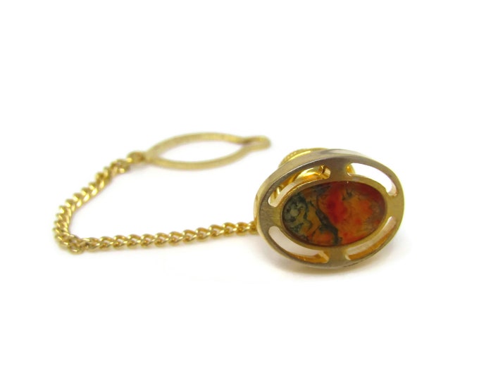 Vintage Tie Tack Tie Pin: Beautiful Art Glass Center Open Gold Tone Border