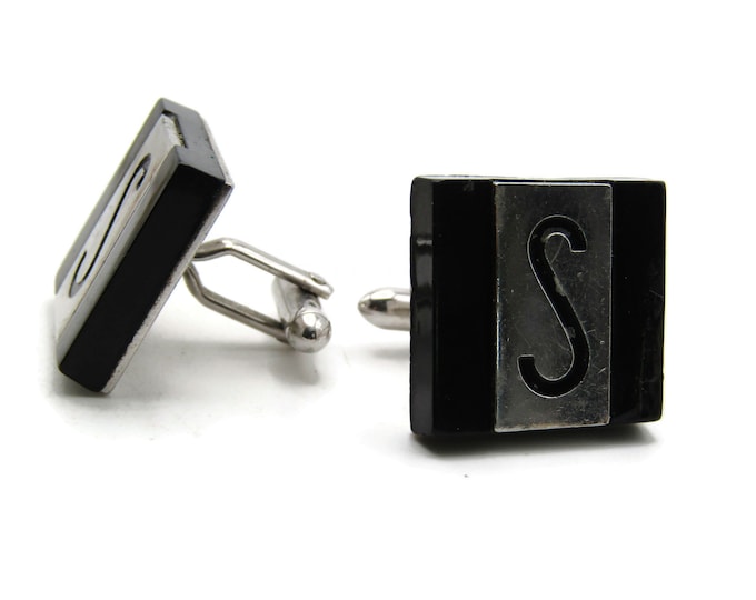 S Letter Initial Monogram Square Cuff Links Men's Jewelry Black And Silver Tone