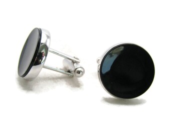 Concave Black Circle Cuff Links Silver Tone Men's Jewelry