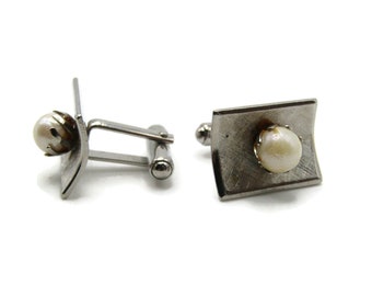 White Stone Curved Rectangle Cuff Links Men's Jewelry Silver Tone