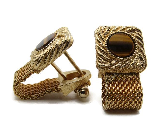 Brown Stone And Swirl Textured Cuff Links Men's Jewelry Gold Tone