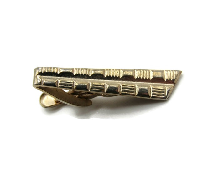 Retro Square and Line Pattern Gold Tone Textured Tie Clip Modernist Tie Bar Men's Jewelry