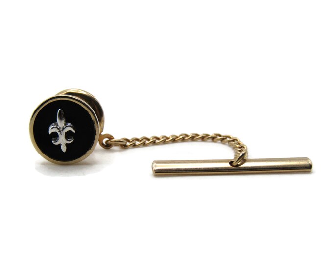 Fleur Di Lis Round Tie Pin And Chain Black Background Men's Jewelry Gold Tone