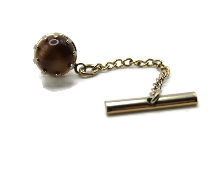 Brown Stone Inlay Round Tie Pin And Chain Men's Jewelry Gold Tone