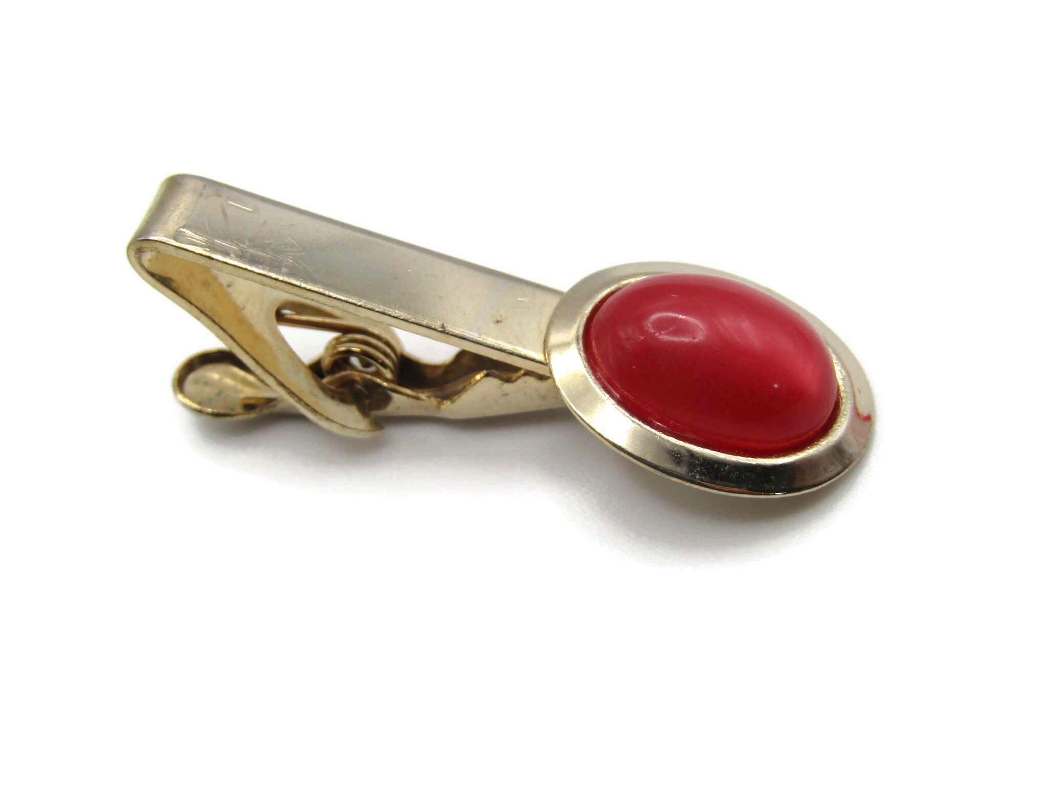 Gold & Red Cufflinks Vintage, Red Stone Tie Pin & Tie Clip