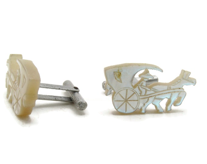 Horse And Carriage Shell Stone Cuff Links Men's Jewelry Silver Tone