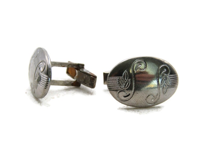 Leaf Motif Etched Oval Cuff Links Silver Tone Men's Jewelry