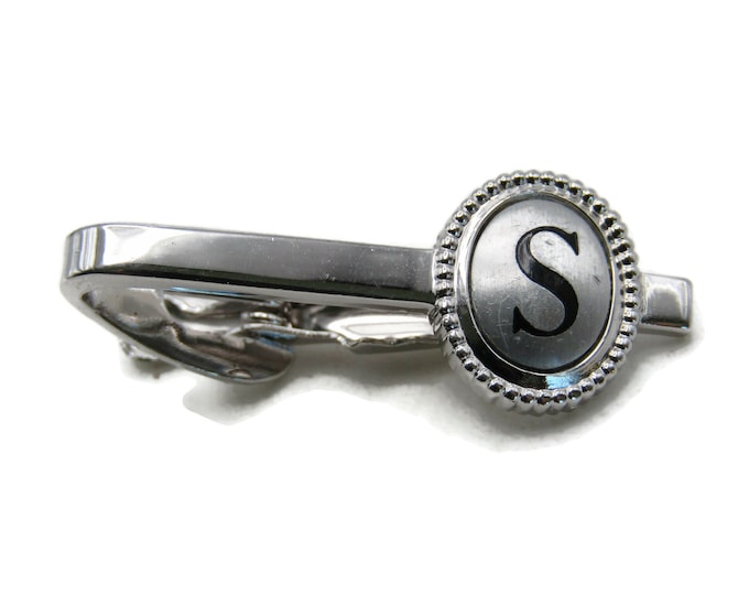 S Letter Initial Monogram Tie Clip Tie Bar Men's Jewelry Black & Silver Tone