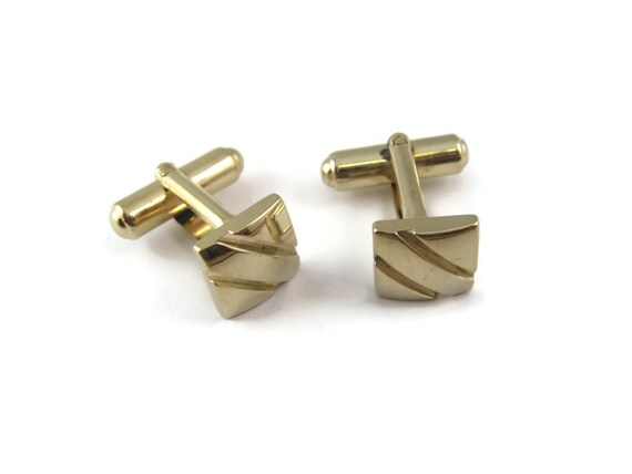 Vintage Cufflinks for Men: Pair Blanks Small Square Double Diagonal Grooves Gold Tone
