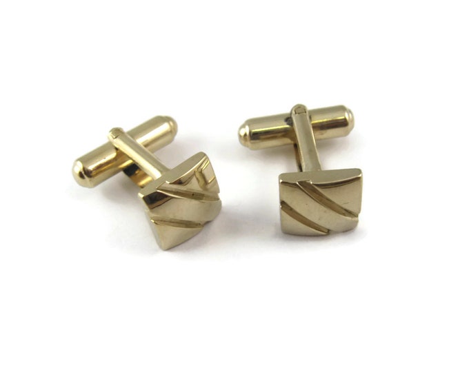 Vintage Cufflinks for Men: Pair Blanks Small Square Double Diagonal Grooves Gold Tone