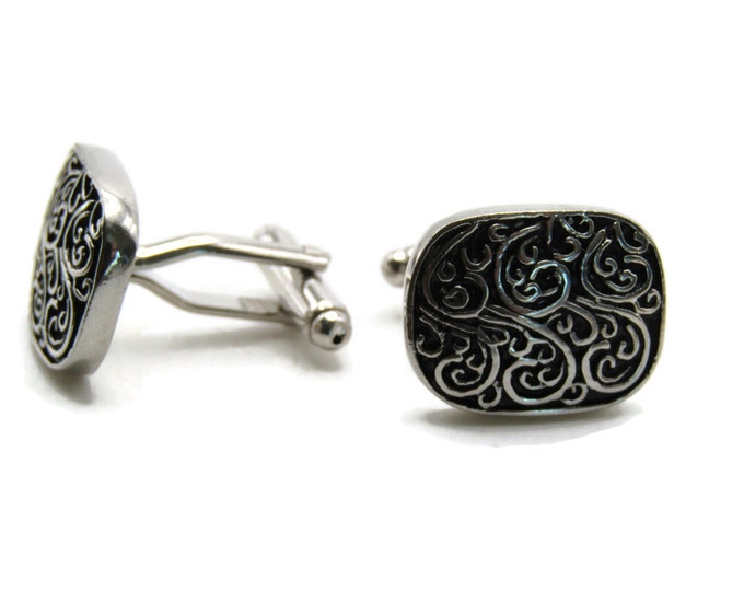 Decorative Line Design Rectangle Cuff Links Men's Jewelry Black And Silver Tone