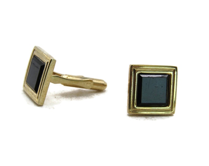 Black Square Stone Inlay Cuff Links Gold Tone Modernist Men's Jewelry