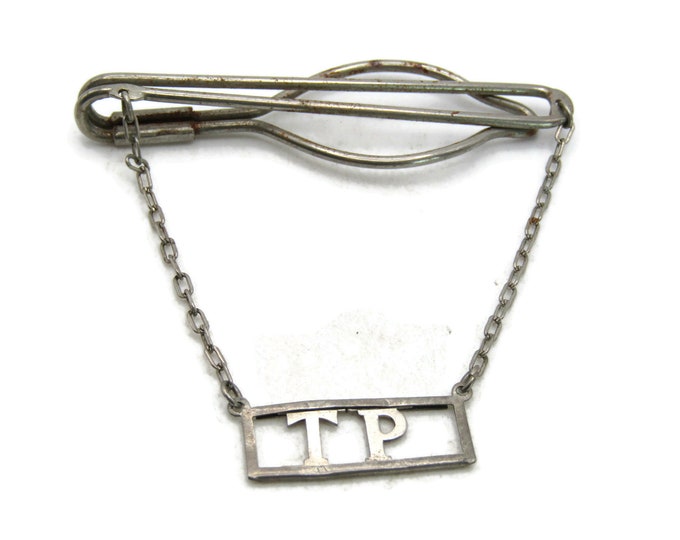 TP Lettered Initial Monogram Tie Bar Silver Tone Open Body Tie Clip Men's Jewelry