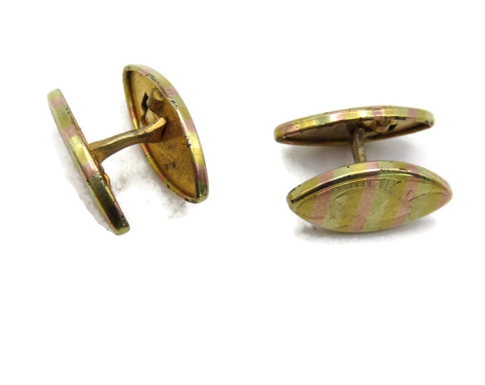 Pink Yellow & Green Striped Oval Cuff Links Etched Design Gold Tone Men's Jewelry