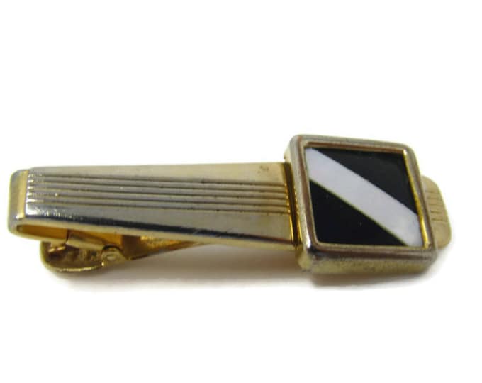 Art Deco Mother of Pearl Stripe Tie Clip Vintage Tie Bar: Gold Tone