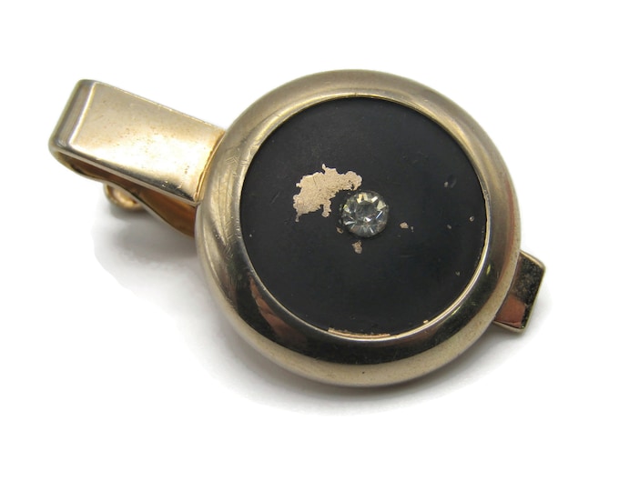 Circle Black and Rhinestone Center Tie Bar Tie Clip Gold Tone Men's Jewelry