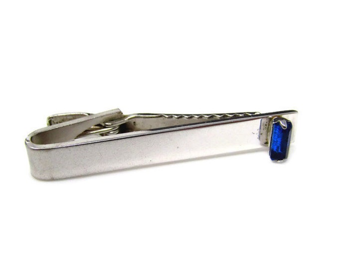 Vintage Tie Bar Tie Clip: Deep Blue Jewel Classic Design Silver Tone