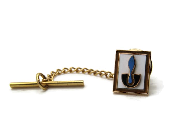 Square Abstract Blue Shape Center Tie Pin And Chain White Background Men's Jewelry Gold Tone