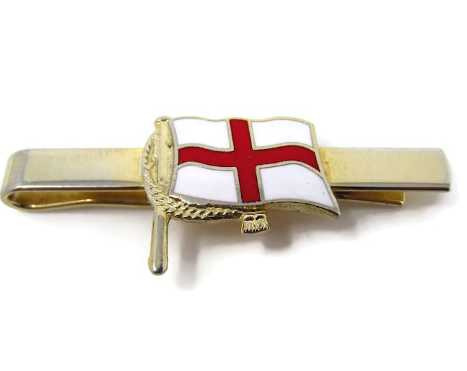 Vintage Tie Clip Tie Bar: Flag United Kingdom England St. George Cross Red Cross White Enamel