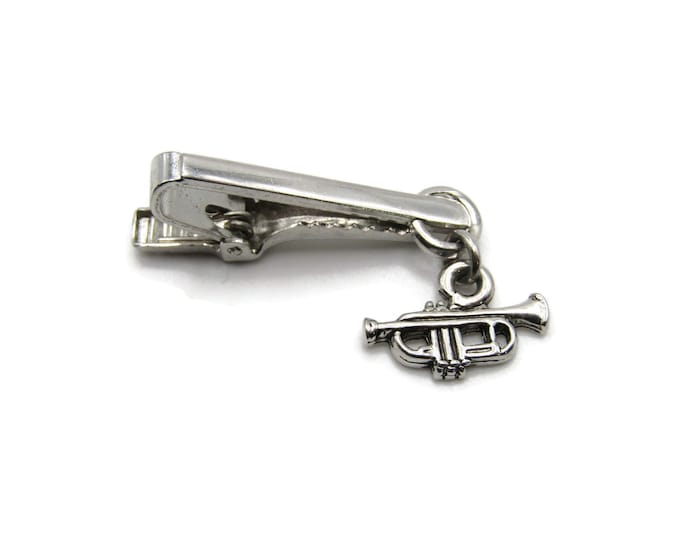 Trumpet Charm Straight Bar Smooth Finish Silver Tone Music Musician Gift Tie Bar Tie Clip Men's Jewelry
