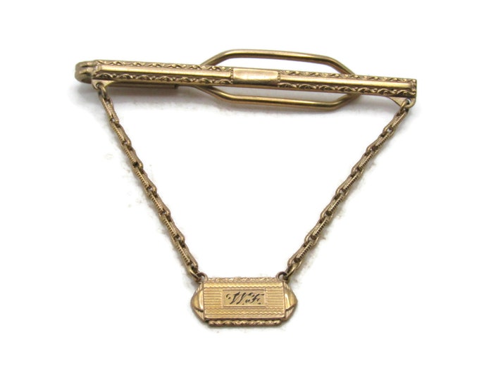 WF Letter Initial Monogram Charm And Chain Tie CLip Tie Bar Men's Jewelry Gold Tone