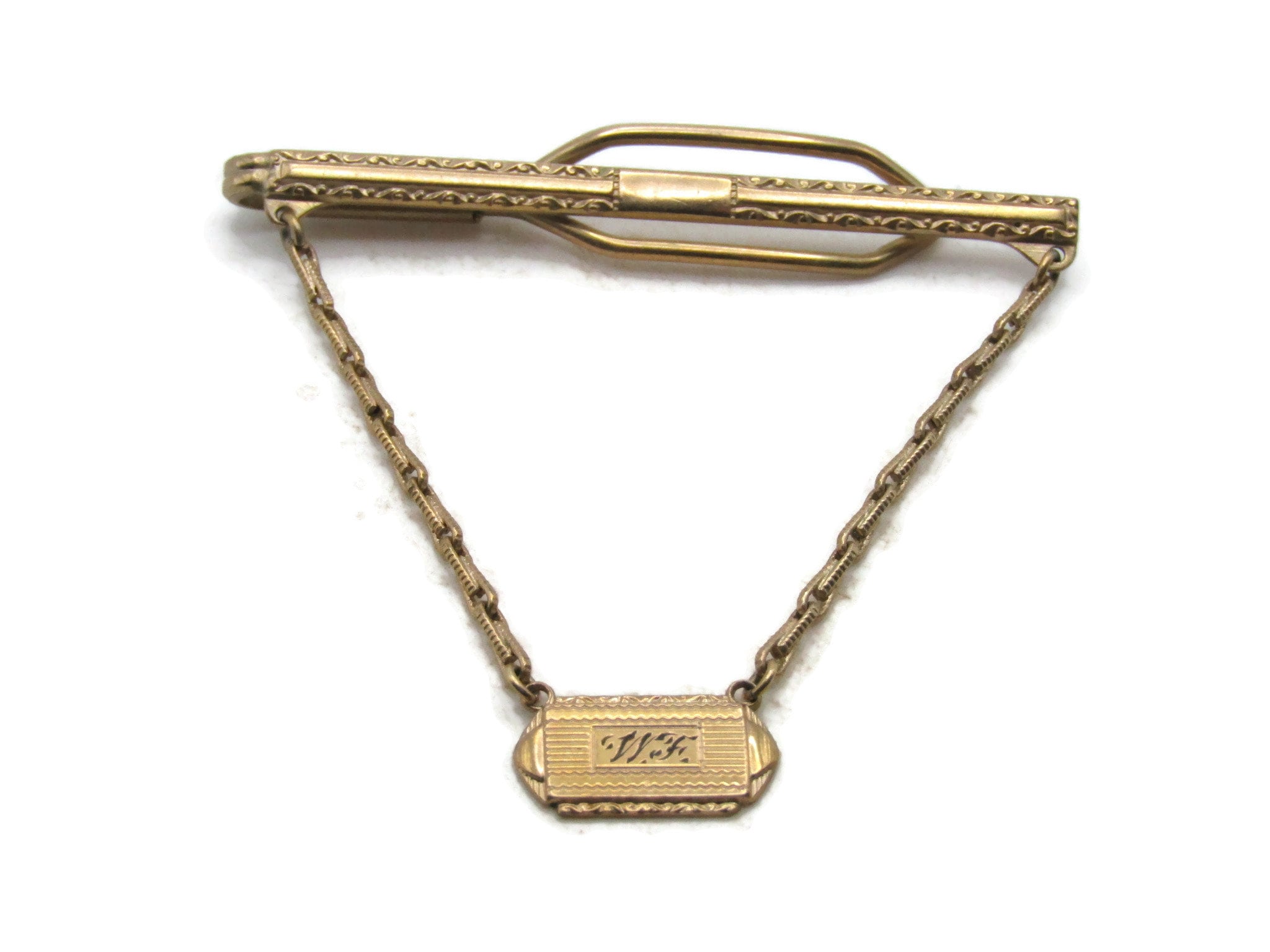 WF Letter Initial Monogram Charm And Chain Tie CLip Tie Bar Men's Jewelry  Gold Tone