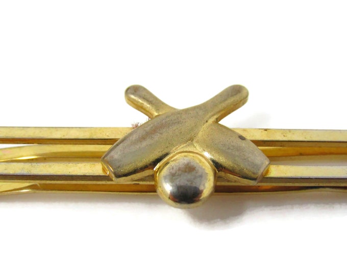 Bowling Tie Clip Men's Vintage Tie Bar Gold Tone Art Deco Design