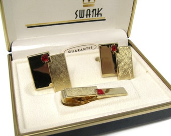 Vintage Gold Tone Cufflinks Tie Bar Clip Set: Red Accent Men's Jewelry