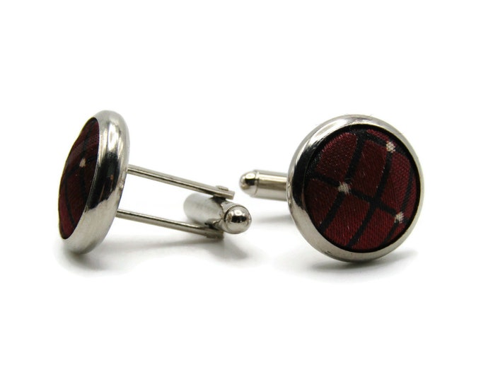 Round Red Fabric Cuff Links Men's Jewelry Silver Tone