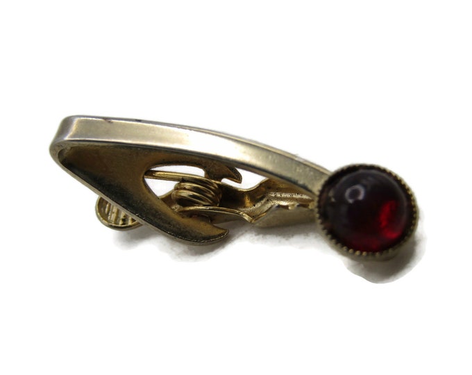 Round Red Stone Inlay Curved Tie Bar Tie Clip Men's Jewelry Gold Tone