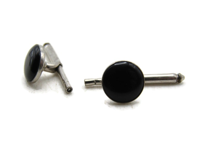 Small Black Round Stone Classic Cuff Links Men's Jewelry Silver Tone