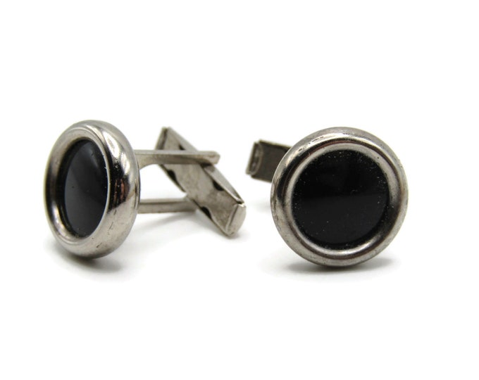 Vintage Cufflinks for Men: Round Black Stone Inlay Classic Silver Tone