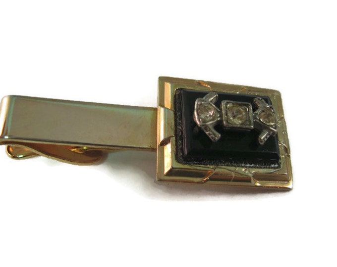 Vintage Men's Tie Bar Clip Jewelry: Black w/ Clear Jewels on Gold Tone (Glue Showing!)