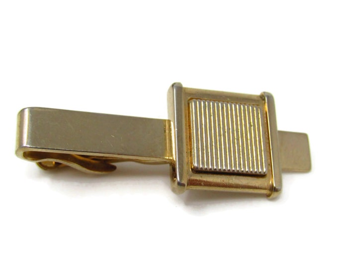 Vintage Tie Bar Clip for Men: Vertical Striped Square Accent Gold Tone