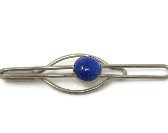 Blue Center Open Design Tie Clip Bar Silver Tone Vintage Men's Jewelry Nice Design