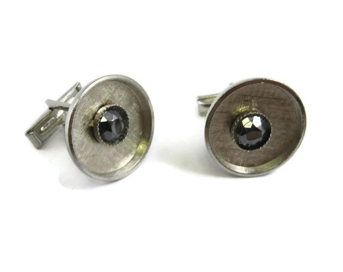 Faceted Hematite Textured Silver Tone Round Dish Design Vintage Men's Cufflinks Jewelry