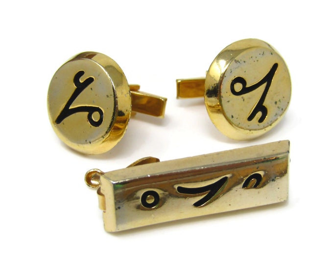 I Love You Cufflinks Tie Bar Jewelry Set Vintage Great Design Nice Quality Gold Tone