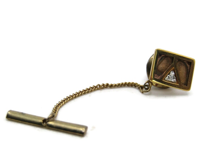 Rhinestone Traingle Center Tie Lapel Pin & Chain Gold Tone Men's Jewelry