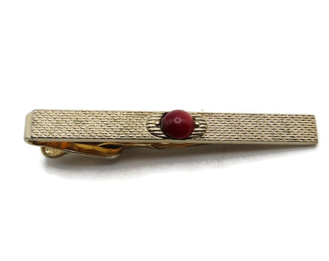 Red Stone Inlay Textured Tie Bar Modernist Tie Clip Men's Jewelry Gold Tone