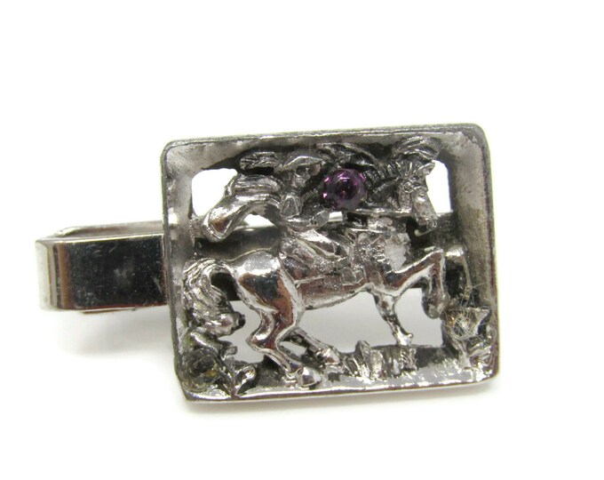 Horse Rider Purple Jewel Tie Clip Bar Silver Tone Vintage Men's Jewelry Nice Design
