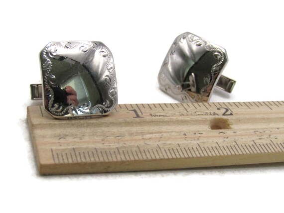 Rectangle Cuff Links Etched Edging Silver Tone Me… - image 4